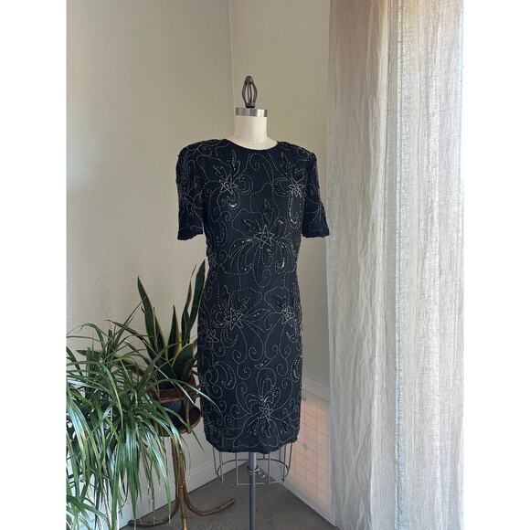 J.M.C Women's Med Dress Black Beaded Silk SS Party Chemise Keyhole Back - Picture 1 of 4